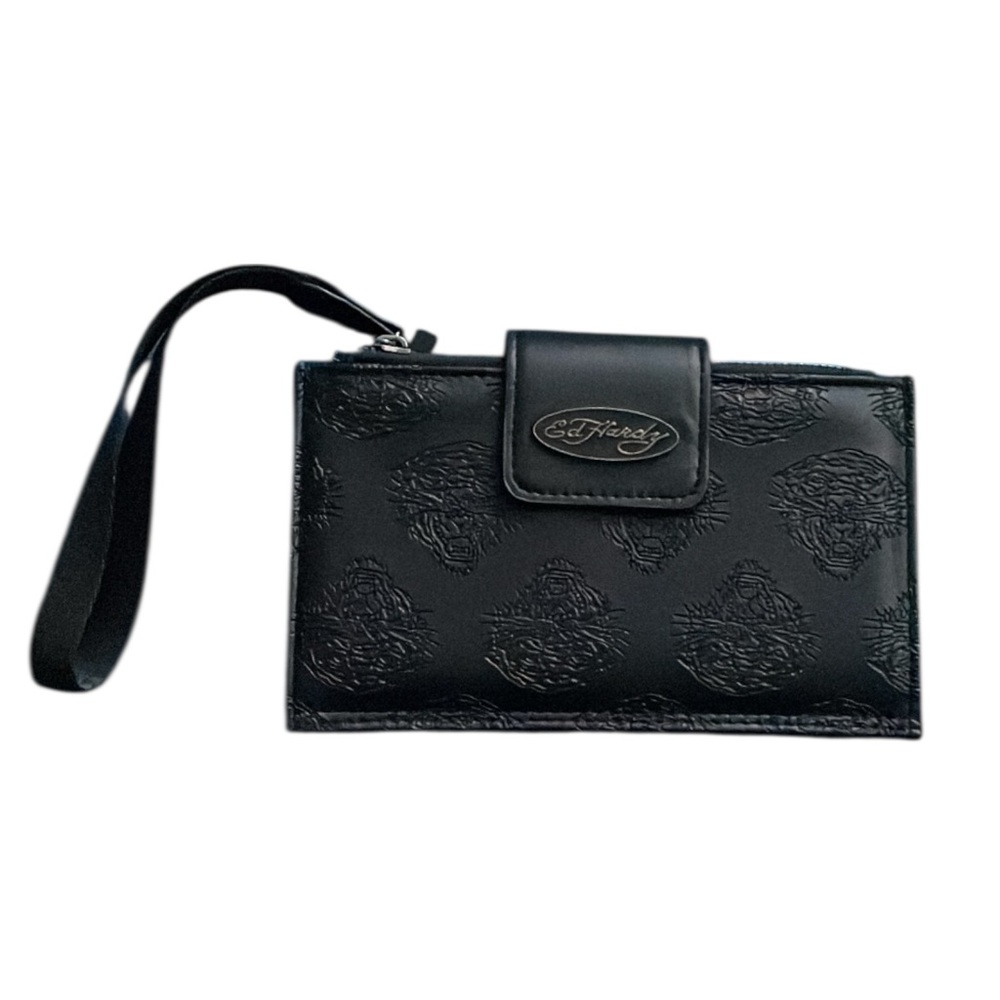 Ed Hardy— Black Embossed vegan leather Wristlet wallet